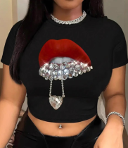 Women'S Lips Printed Crew Neck T-Shirt Top