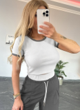 Women'S Contrast Color Round Neck Short Sleeve Top Casual Wide Leg Pants Two Piece Suit