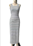 Striped Print Slit Holiday Style Sexy Backless Dress For Women