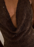 Brown Shiny Deep V Solid Color Vest Fashionable Sexy See-Through Sway Collar Halter Neck Top For Women