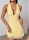 Halter Neck Deep V Neck Light Yellow Net Yarn Hot Girl Sexy Short Dress
