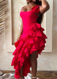 Summer New Solid Color Sling Irregular Ruffle Dress For Women
