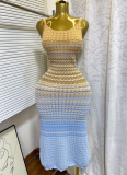 Summer Suspender Knitted Retro Gradient Color Wave Pattern Slim Hip-Wrapped Long Dress
