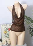 Brown Shiny Deep V Solid Color Vest Fashionable Sexy See-Through Sway Collar Halter Neck Top For Women