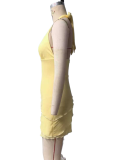 Halter Neck Deep V Neck Light Yellow Net Yarn Hot Girl Sexy Short Dress