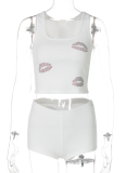 White Fashion Perm Diamond Navel-Baring Small Vest Slim Fit Sports Leggings Two-Piece Suit For Women