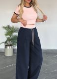 Women'S Contrast Color Round Neck Short Sleeve Top Casual Wide Leg Pants Two Piece Suit