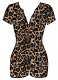 Leopard Print Short Sleeve V Neck Fashion Tight Hip Lifting Jumpsuit Women