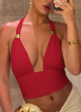 Sexy Deep V Metal Decoration Halter Neck Backless Slim Lace-up Tube Top for Women