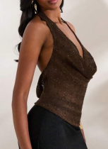 Brown Shiny Deep V Solid Color Vest Fashionable Sexy See-Through Sway Collar Halter Neck Top For Women