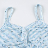 Casual Home Small Floral Plaid Suspender Top Elastic Shorts Two-piece Set