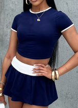 New Sports Round Neck Short Sexy Slim T-Shirt Color Matching Skirt Two-Piece Suit For Women