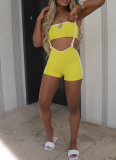 Sexy Slim Fit Threaded Striped Tube Top Bib Pants Two-Piece Set