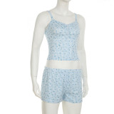 Casual Home Small Floral Plaid Suspender Top Elastic Shorts Two-piece Set