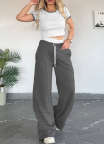 Women'S Contrast Color Round Neck Short Sleeve Top Casual Wide Leg Pants Two Piece Suit