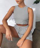 Solid Color Vest Fashion Casual Sleeveless Waffle Short Two-piece Suit