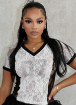 Contrast Color Hot Diamond Lace Mesh Splicing Short Top