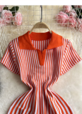 Contrast Color Lapel Short Sleeve Striped Waist Slimming A-line Knitted Dress