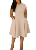 New Summer Casual Round Neck Pocket Slim Fit A-Line Midi Dress
