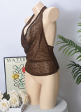 Brown Shiny Deep V Solid Color Vest Fashionable Sexy See-Through Sway Collar Halter Neck Top For Women