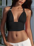 Sexy Deep V Metal Decoration Halter Neck Backless Slim Lace-up Tube Top for Women