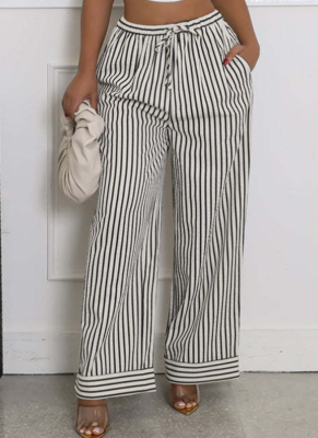 Summer New Casual Lace-Up Striped Pocket Wide-Leg Trousers For Women