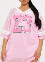 Pink Loose Casual All-Match Street Print V-Neck Short Sleeve T-Shirt