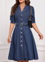 Dark Blue New Denim Waist Slimming Short-Sleeved Mid-Length Dress