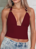 Sexy Deep V Metal Decoration Halter Neck Backless Slim Lace-up Tube Top for Women