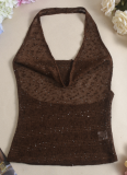 Brown Shiny Deep V Solid Color Vest Fashionable Sexy See-Through Sway Collar Halter Neck Top For Women