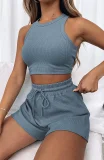 Solid Color Vest Fashion Casual Sleeveless Waffle Short Two-piece Suit