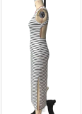 Striped Print Slit Holiday Style Sexy Backless Dress For Women