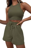 Solid Color Vest Fashion Casual Sleeveless Waffle Short Two-piece Suit