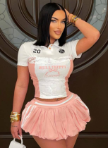 Lace Trim Letter Print Buttoned Casual Top Waist-Length Fluffy Short Skirt Two-Piece Set