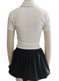 Lace Trim Letter Print Buttoned Casual Top Waist-Length Fluffy Short Skirt Two-Piece Set
