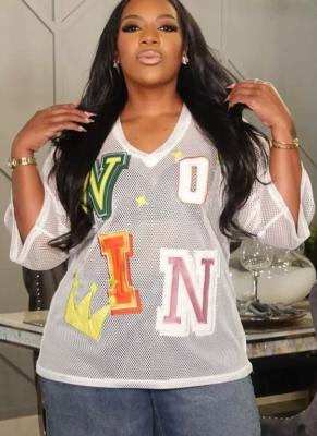 Sexy V-Neck Mesh Yarn Perspective Printed Letter Loose T-Shirt