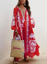 New V-neck Long Sleeve Printed Long Loose Dress