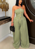 Sexy Tube Top Sleeveless Metal Button Wide Leg Jumpsuit