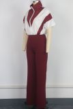 Fashionable and Casual Zipper Stitching Contrast Color Jumpsuit