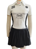Lace Trim Letter Print Buttoned Casual Top Waist-Length Fluffy Short Skirt Two-Piece Set