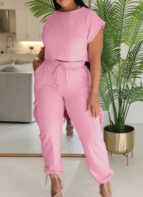 New Casual Round Neck Solid Color Top Elastic Waist Pants Two-piece Set