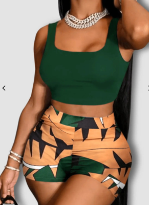 Casual Holiday Style Digital Print Vest Shorts Two-piece Set
