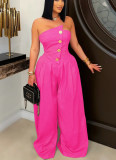 Sexy Tube Top Sleeveless Metal Button Wide Leg Jumpsuit