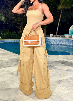 Sexy Tube Top Multi-Pocket Workwear Wide-Leg Jumpsuit For Women