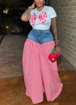 Casual Printed Slim-fit T-shirt With Plaid High-waist Wide-leg Pants Two-piece Set