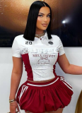 Lace Trim Letter Print Buttoned Casual Top Waist-Length Fluffy Short Skirt Two-Piece Set
