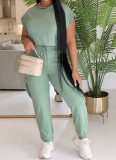 New Casual Round Neck Solid Color Top Elastic Waist Pants Two-piece Set