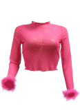 Round Neck Solid Color Hot Diamond Fashion Short See-Through Long Sleeve Tops For Women