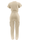 New Casual Round Neck Solid Color Top Elastic Waist Pants Two-piece Set