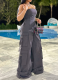 Sexy Tube Top Multi-Pocket Workwear Wide-Leg Jumpsuit For Women